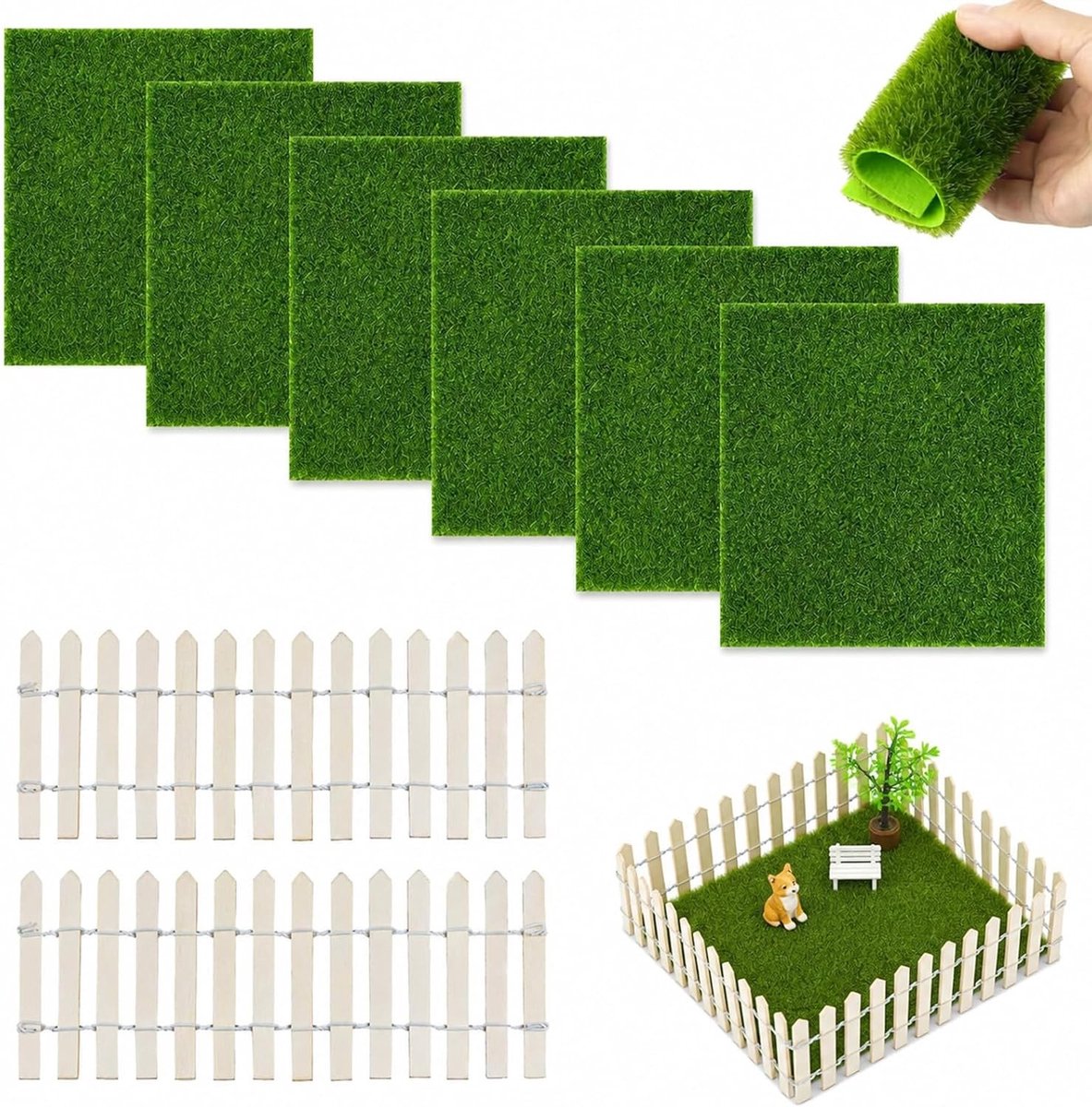 Miniatuur Kunstgras Set voor Diorama's en Mini Tuinen, 8-delige Set met Kunstgras en Tuinhek voor Binnen en Buiten Gebruik, Decoratie en Creatieve Projecten