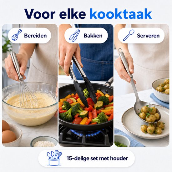 Drie panelen: kloppen van beslag, bakken van groenten, opscheppen van aardappelen.