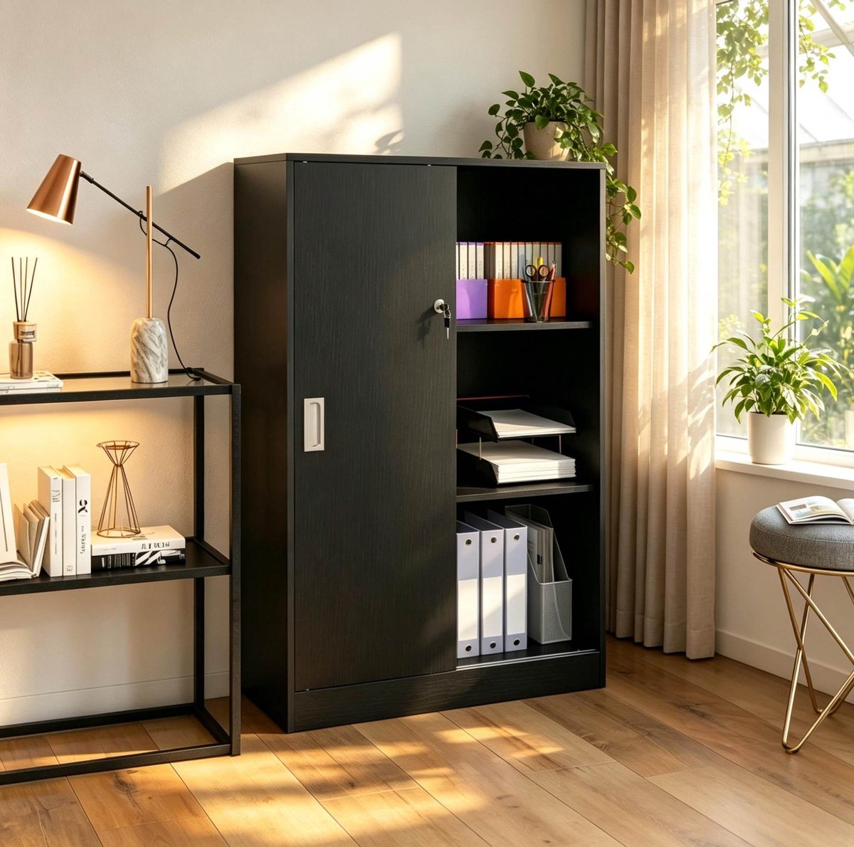 COVREO Archiefkast 80 x 40 x 120 cm zwart, spaanplaat MDF aluminium, met slot