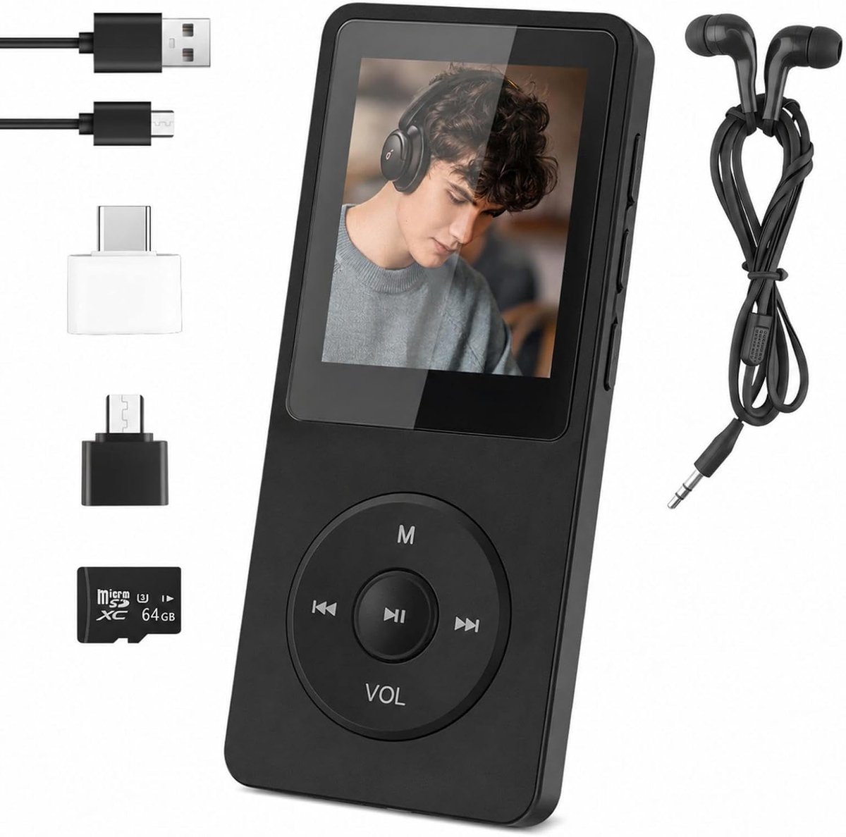 MP3-speler, 64 GB, Bluetooth 5.3, draagbare muziekspeler met luidspreker, hifi-geluid, HD-geluid, FM-radio, dicteerapparaat, e-book, tot 128 GB TF-kaart, hoofdtelefoon, USB-kabel, voor sport, joggen