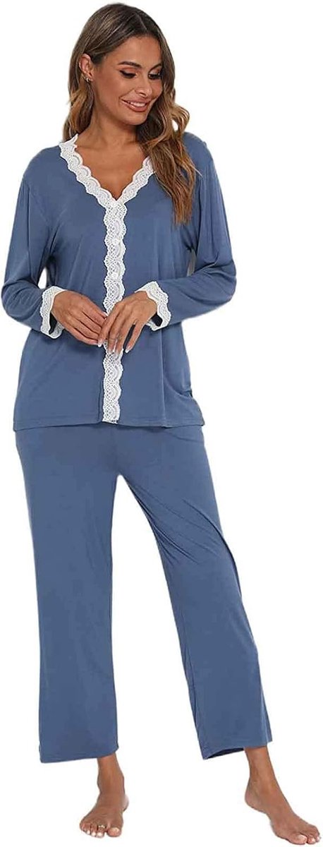 Damespyjama-set met lange mouwen, modale katoenen nachtkleding, tweedelige pyjama met kanten rand voor vrouwen en meisjes, zachte loungewear