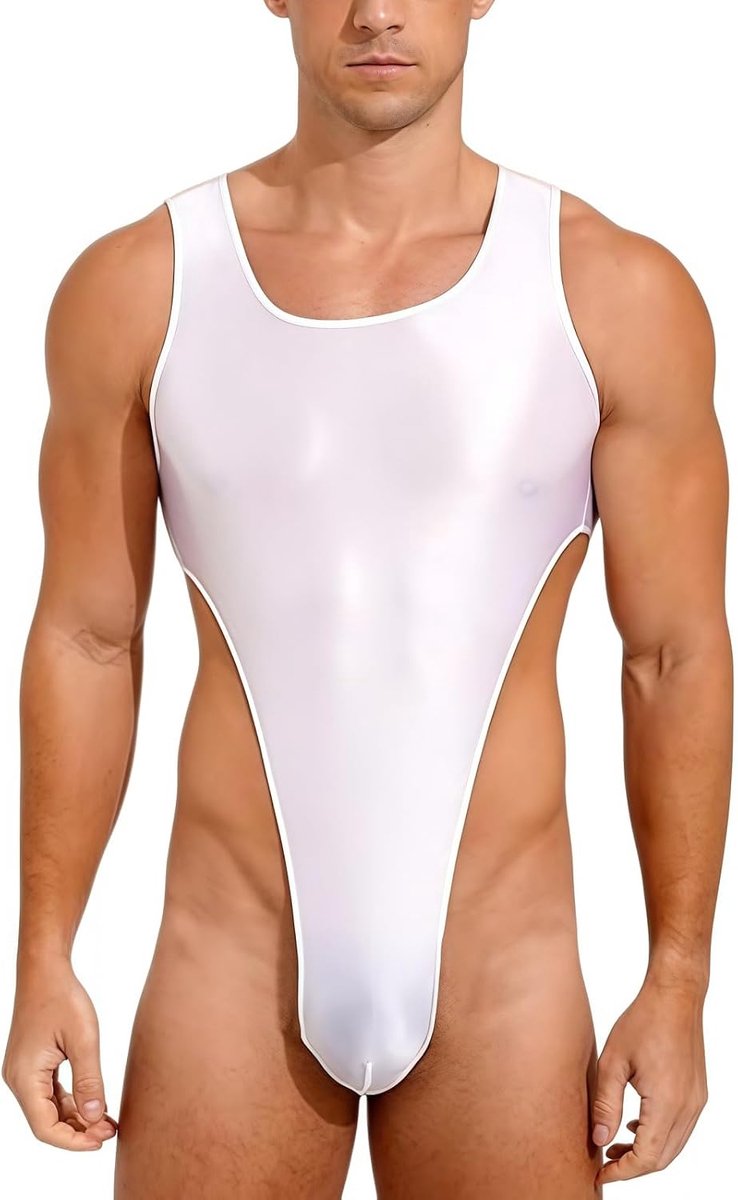 Body voor heren, mouwloos, met U-hals, hoge beenuitsnijding, string-design, gymnastiekbody met stretch, diepe ruguitsnijding, fonkelende afwerking, figuurbenadrukkend eendelig voor training
