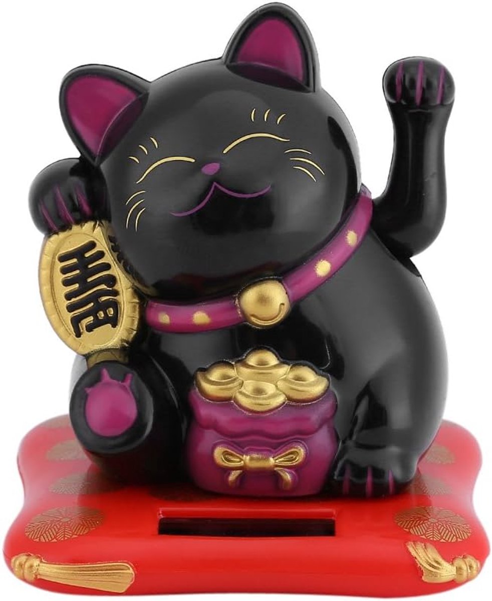 Winkekat Zonne-aangedreven Hoekkat Gelukkige Kat Zoete Zonne-Gelukkig Brengen voor Bureau Woonaccessoires Decoratie (Kleur: zwart)