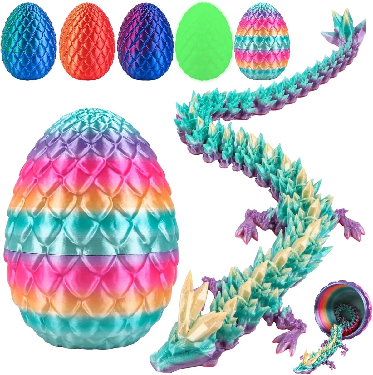 3D-bedrukt drakenei, 30 cm grote beweegbare kristallen draak met flexibele gewrichten, fidget-speelgoed, cadeau voor kinderen en volwassenen, kleurrijk