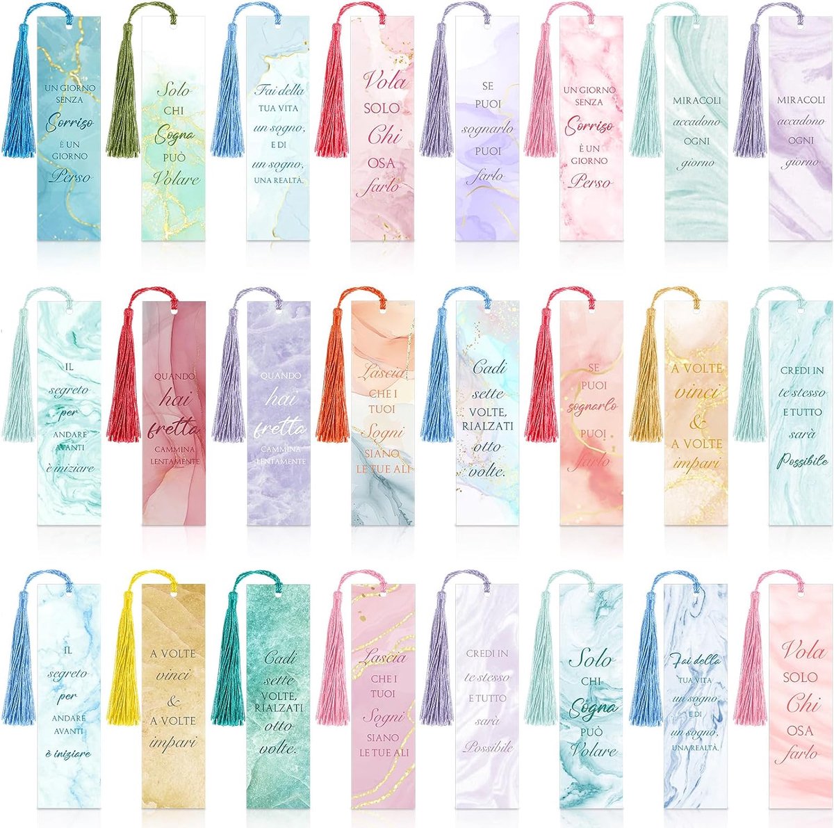 24 bladwijzers met motiverende zinnen in het Italiaans, inspirerende bladwijzer met kwast, bladwijzer van gekleurd papier, bedankje, cadeau voor collega's, verjaardag, bedankje, marmer