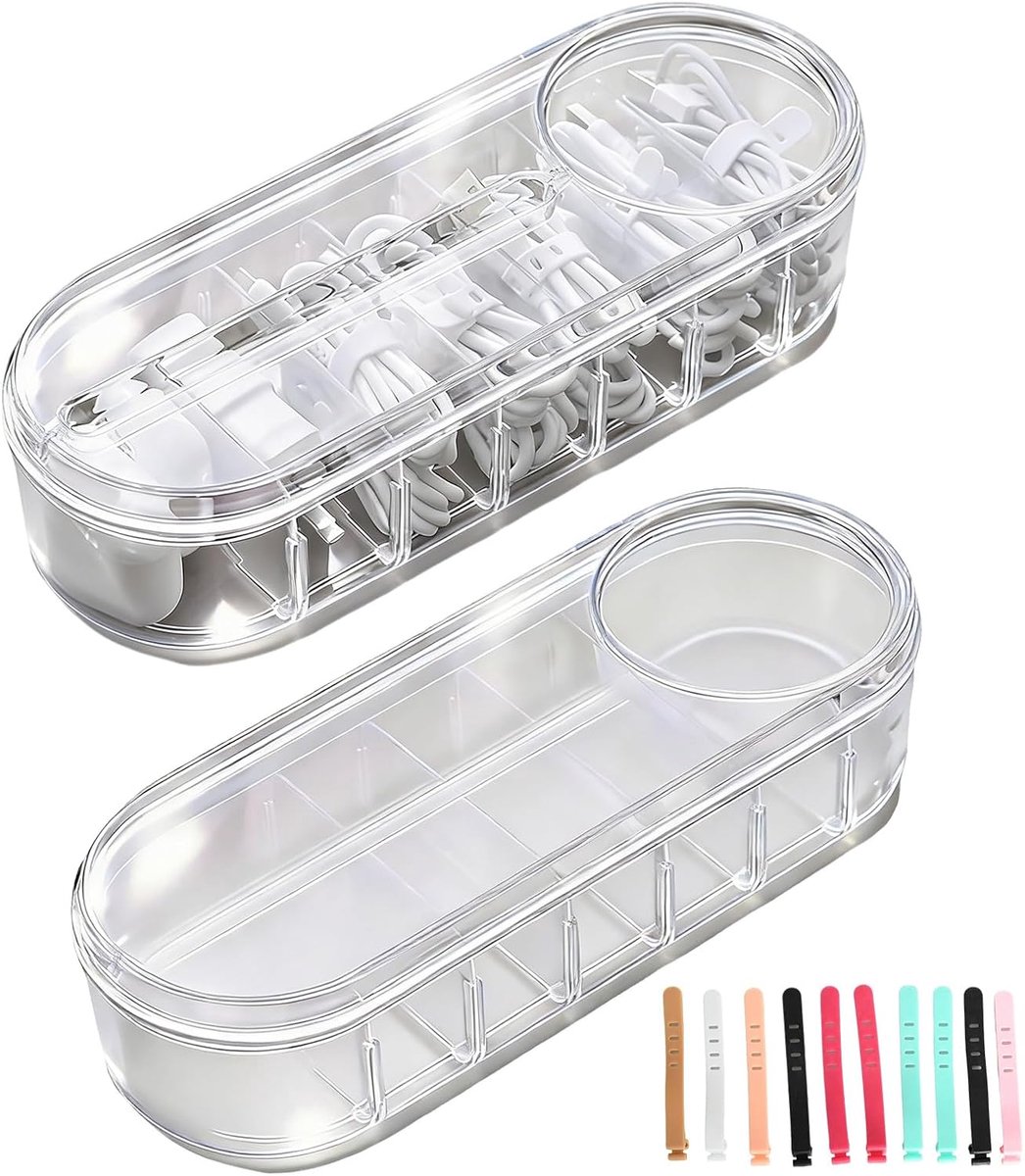 Kabel Organizer Box 2 Pack met deksel - 7 compartimenten opbergtas met 10 kabelbinders, verstelbare bureauorganizer voor oplaadkabels, kantoorbenodigdheden, make-upaccessoires