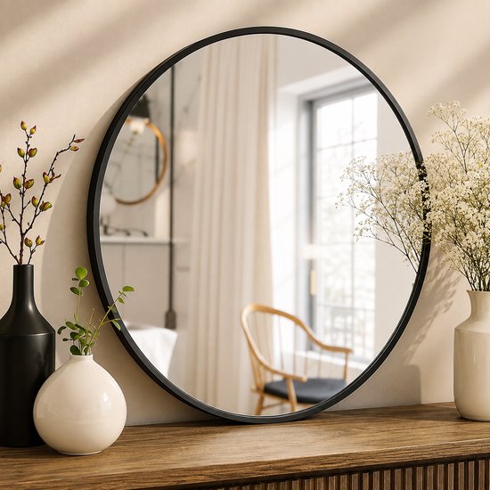 Gros plan d'un miroir rond avec cadre noir, avec des vases de fleurs de chaque côté.