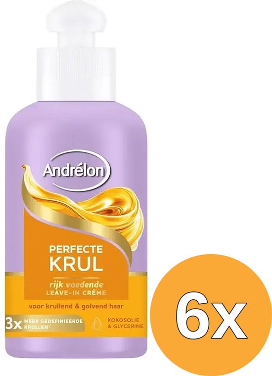 Andrélon Perfecte Krul leave-in crème voor krullend haar, 6x 200 ml, met kokosolie en glycerine.