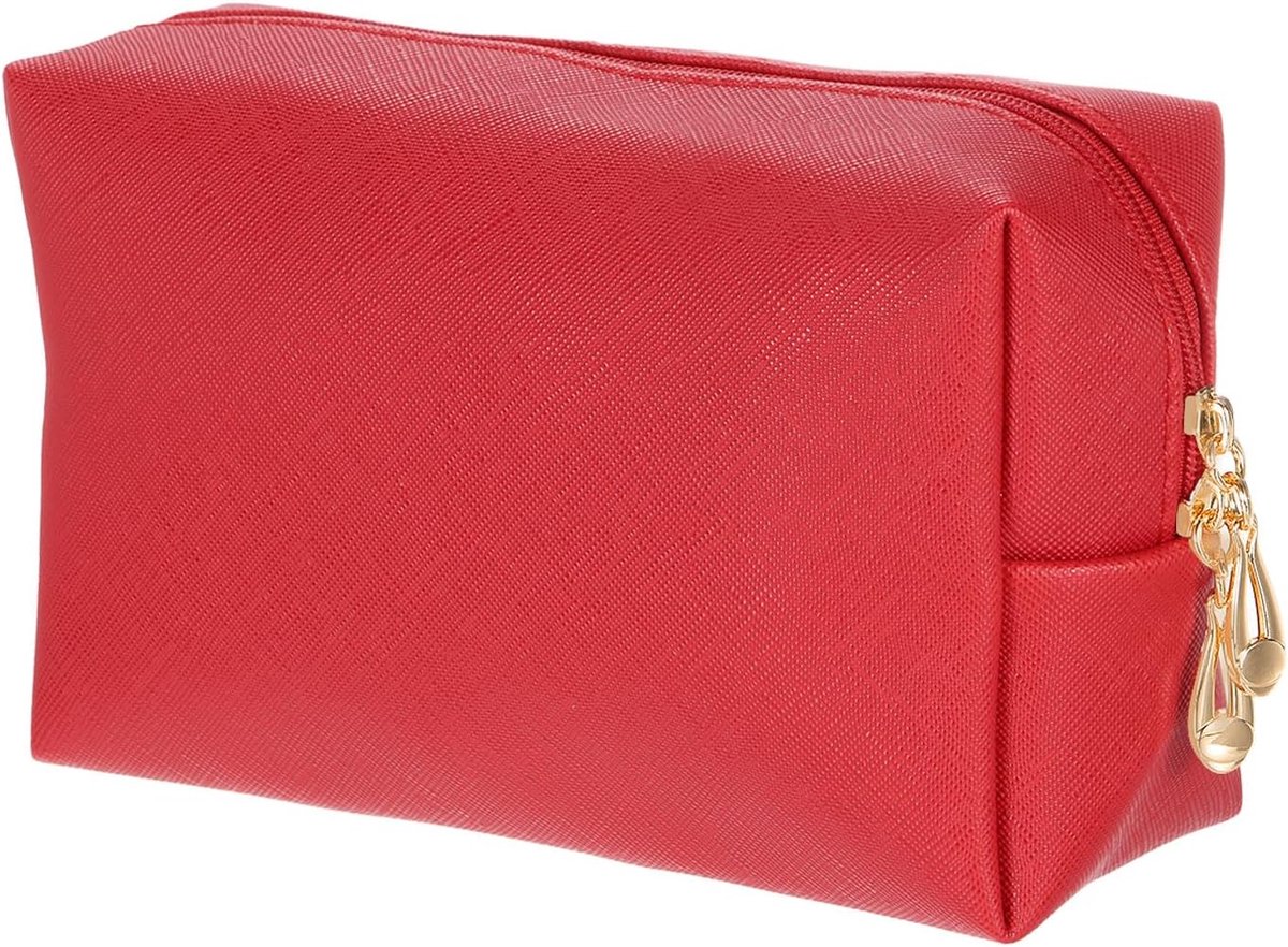 PU lederen vierkante make-uptas, waterdichte cosmetica-organizer, tas met ritssluiting, toilettas voor op reis, toilettas voor vrouwen, voor make-up, kwasthouder (rood, klein)