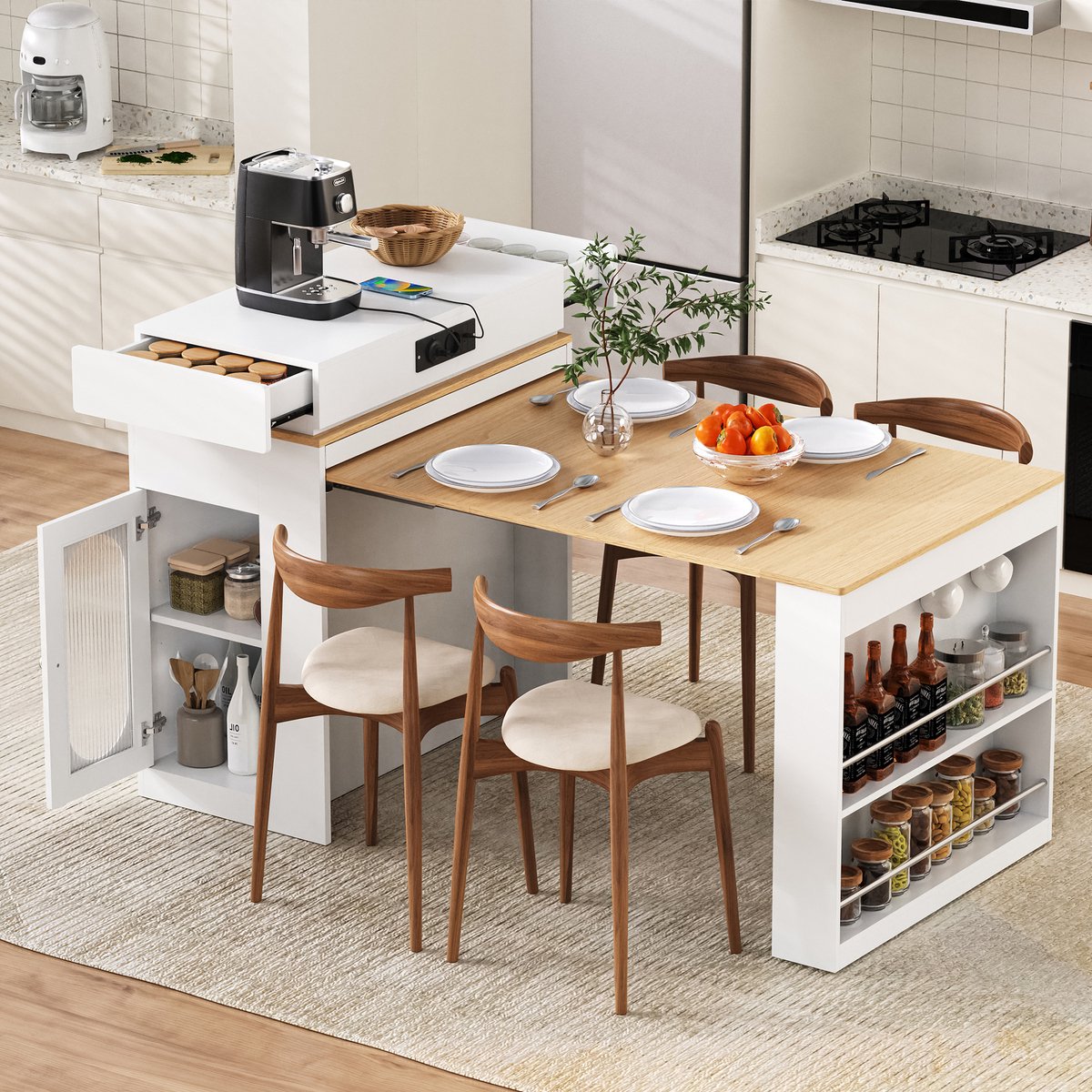 Intebiki Uitschuifbare eettafel (46/100×83 cm) - Keukentafel met stroomkabel en haken - Keukeneiland op wielen - Biedt plaats aan 4 personen - wit