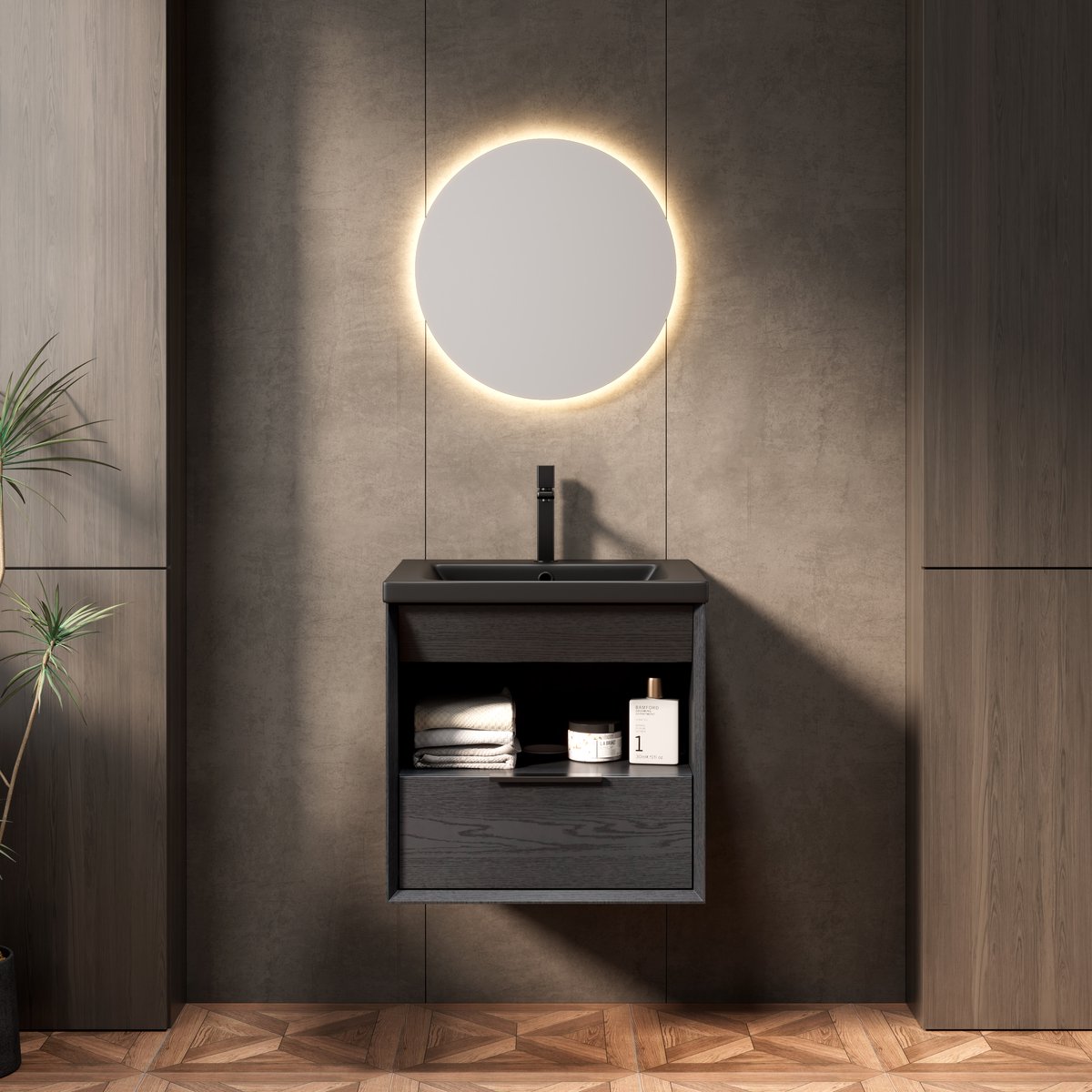 Hangend badkamermeubel met wastafel - Compacte opberger voor kleine badkamer - 51 cm - Zwarte houtnerf - Soft-close lade & open legvak - Geïntegreerd keramisch wasbekken - Voorgemonteerd