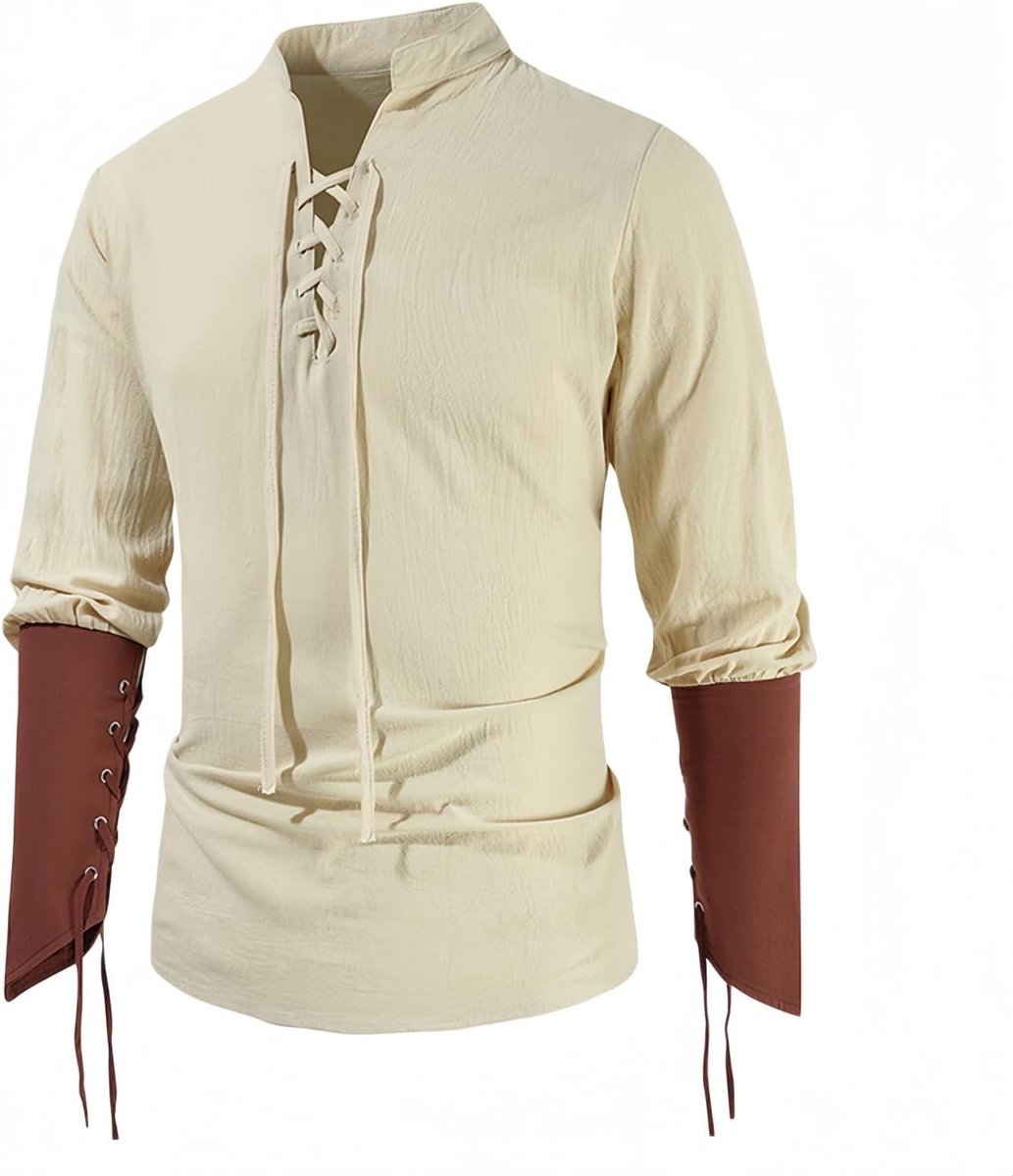 Patchwork Overhemd voor Mannen met Lange Mouwen en Staande Kraag in Middeleeuwse Stijl - Vintage Blouse voor Carnaval en Halloween, Ideaal voor Viking en Piraten Kostuums