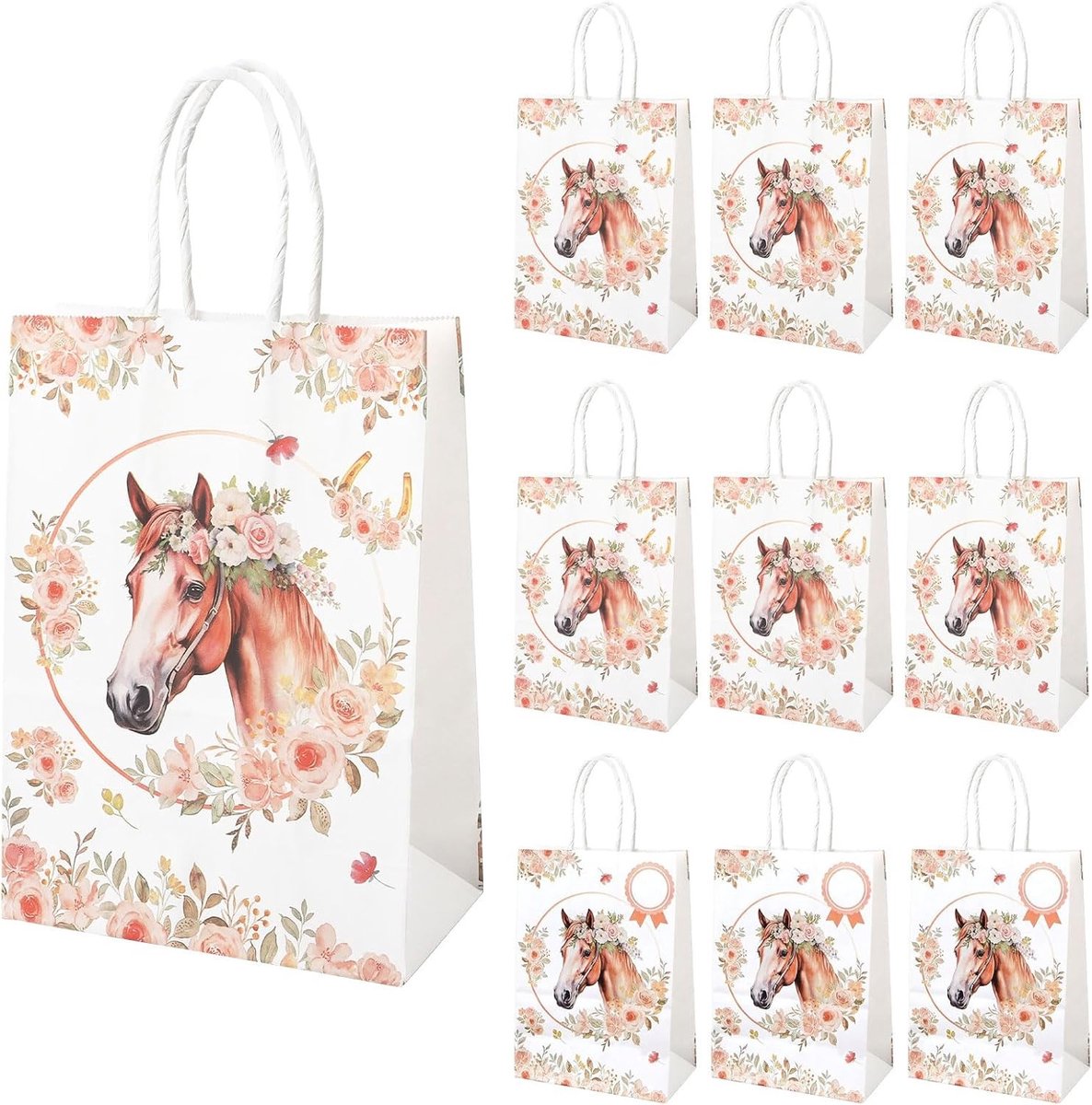 10 Paardenfeesttassen met Handvat, Papieren Cadeauzakjes voor Paardenverjaardagen, Naamhangers en Gastgeschenken