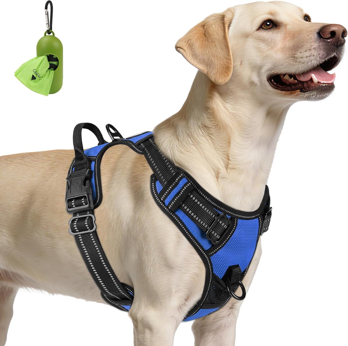 Hondentuigje voor grote honden, reflecterend tuigje voor de hond, luchtdoorlatend anti-trek hondentuigje, verstelbaar borsttuigje met handvat tijdens het uitlaten en training, marineblauw, L