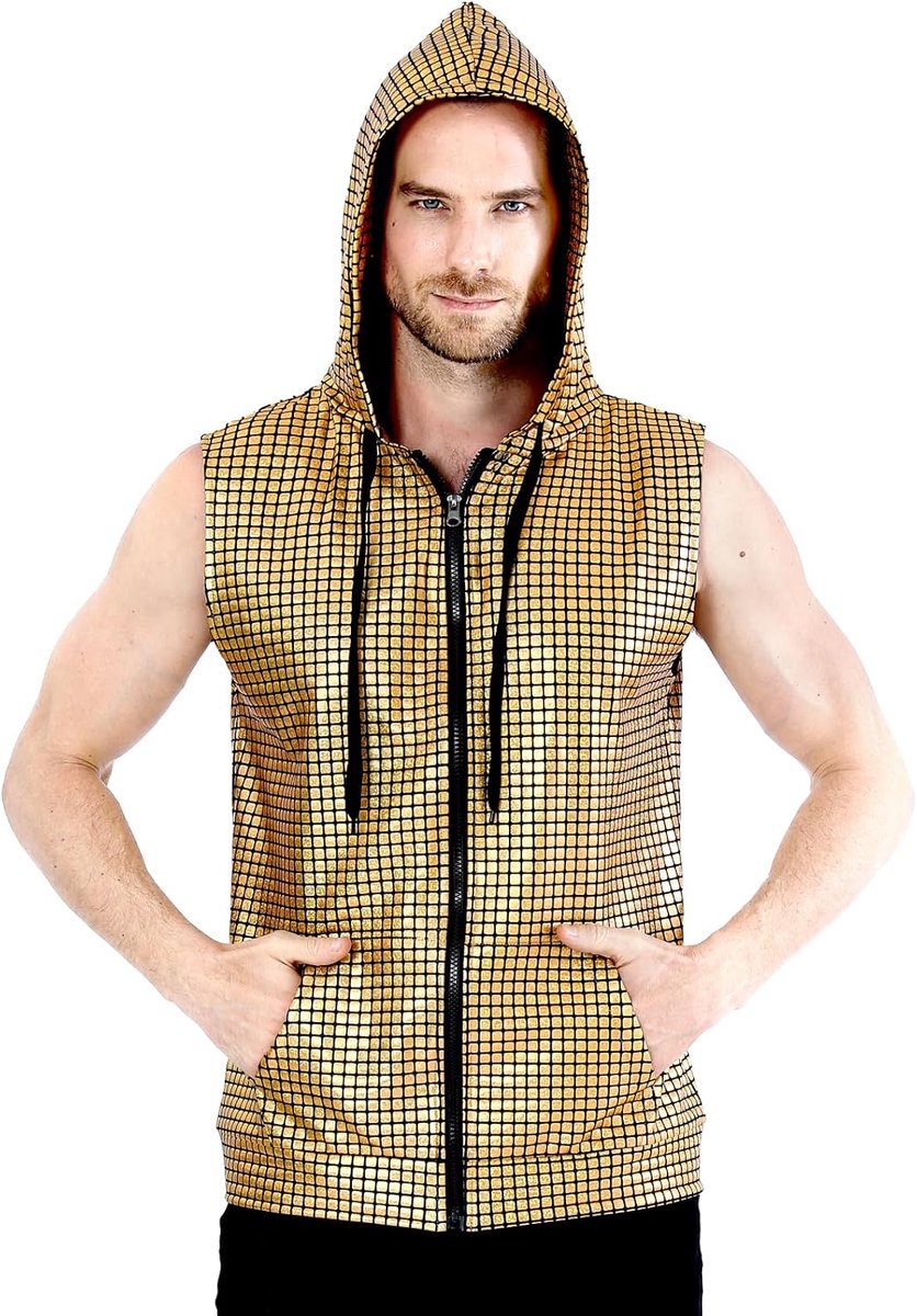 Metallic Jaren '70 Fancy Dress Disco Shiny mouwloze Hoodie Zip Up Vest Shirts
