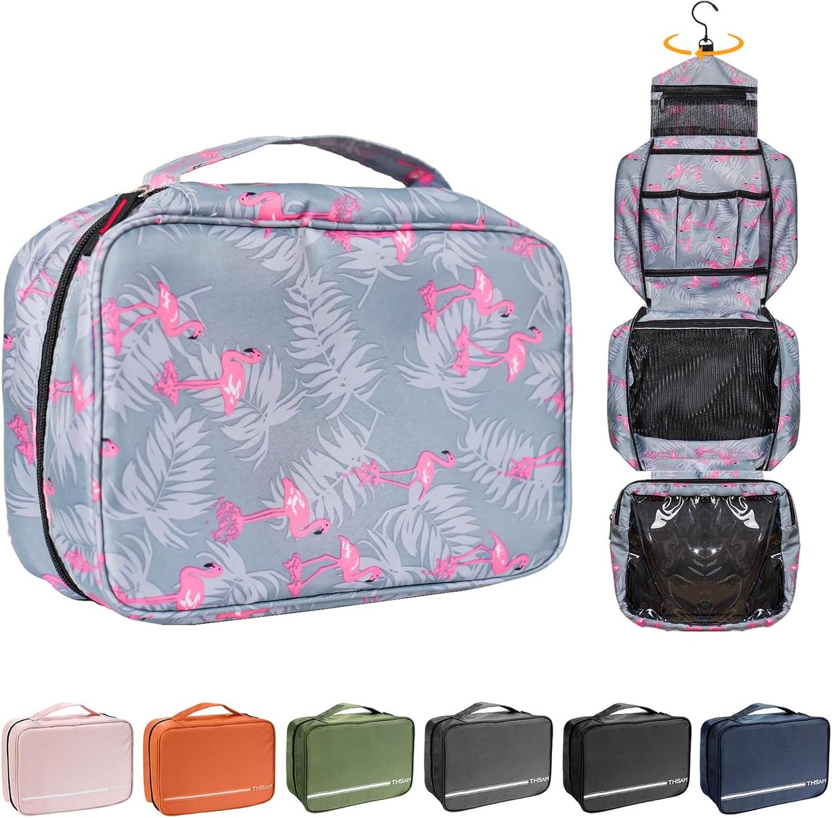 Grote toilettas, hangende toilettas, 4-in-1 waterdichte toilettas voor reizen/kamperen (Flamingo)