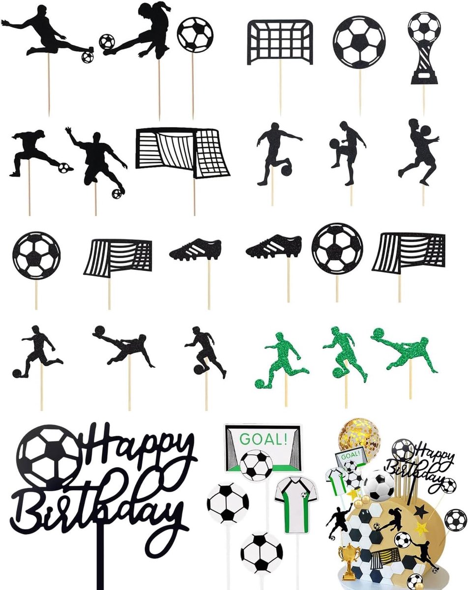 Taartdecoratie, 30 stuks taarttoppers voetbal, voor verjaardag kinderen, jongen thema, voetbal verjaardagstaart figuren