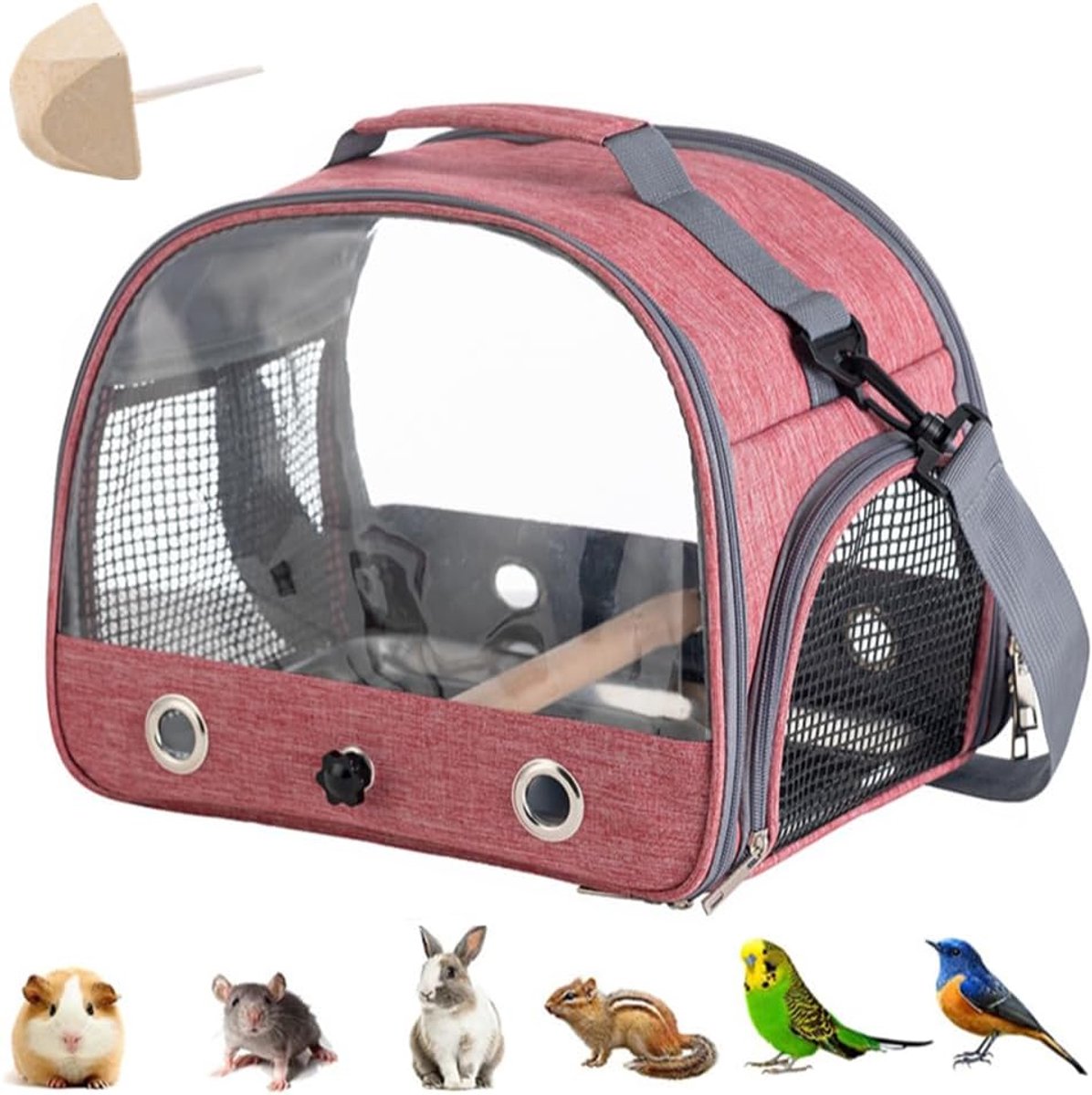 Rugzak voor vogels met houten stok, vogeldraagtas met staanstang en roestvrijstalen dienblad, lichte rugzak voor papegaai, met roestvrijstalen dienblad en staande stang, voor papegaaien, parkieten