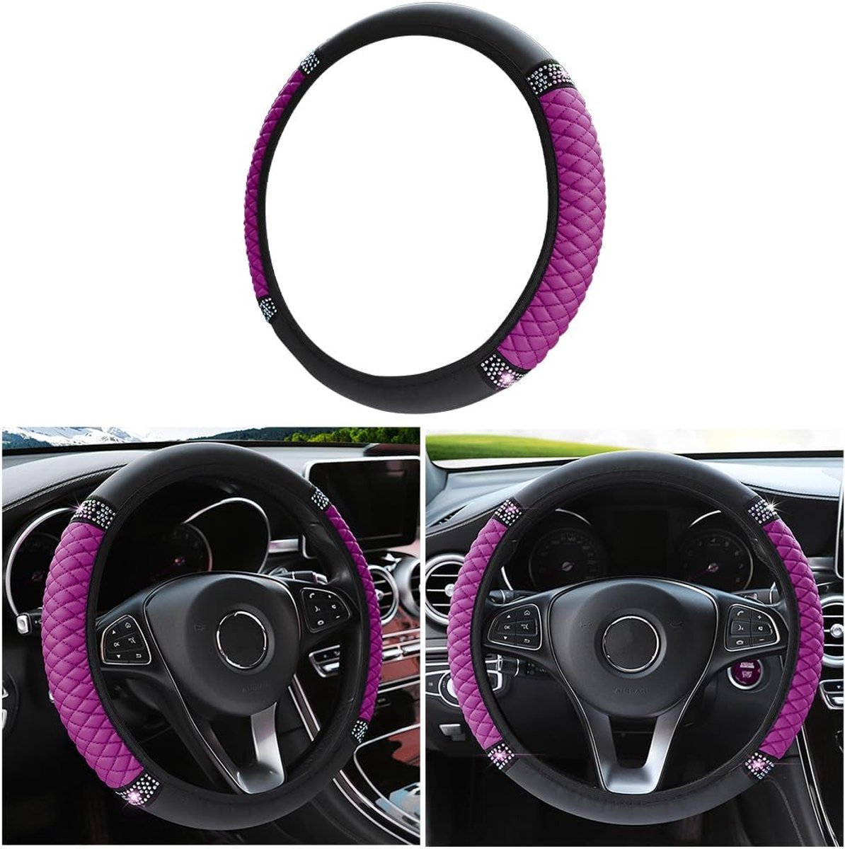 Autostuurhoes, leder geborduurde kleur met diamant bezette elastische stuurhoes, antislip universele autostuurhoes, voor alle seizoenen (paars)