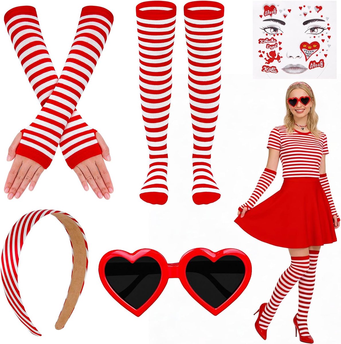 Keulen rood wit dames, carnavalskostuum accessoires haarband rood wit engel gezichtstattoo, ringhandschoenen kousen, hart bril voor Keulen carnaval rood wit carnavalskostuum