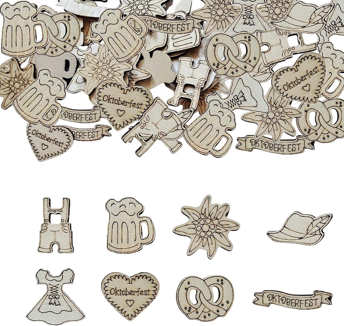 50 stuks strooidecoratie Oktoberfest decoratieve tafel, Beierse decoratie, feestset, bierfeest, hout, strooidecoratie, Beierse tafeldecoratie, Wiesn Wooden, confetti, pretzel, biertafeldecoratie