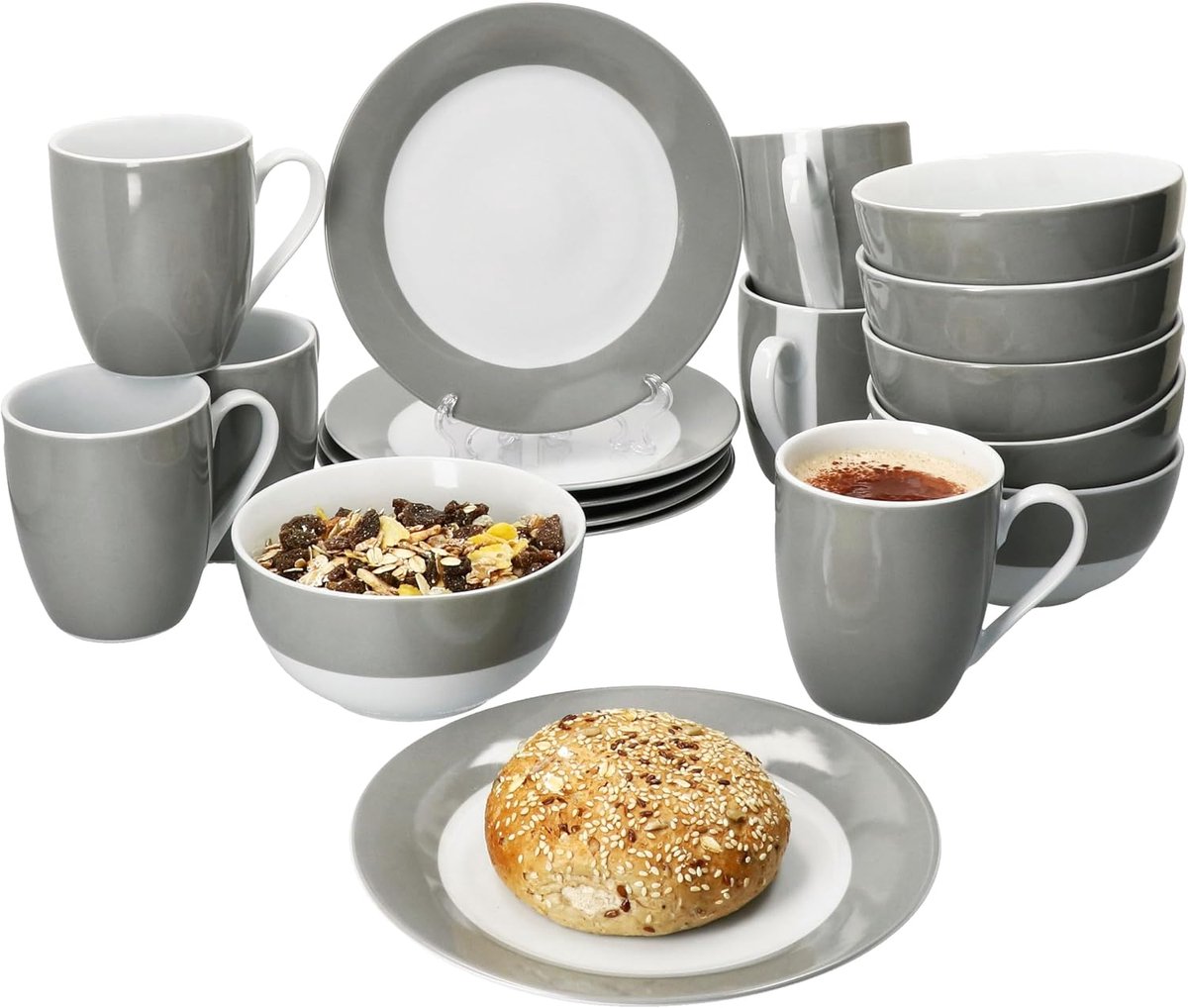 Variant ontbijtset, grijs, 6 x kleine borden, kom 450 ml en koffiemok 350 ml, hoogte 10,3 cm, voor 6 personen, porseleinen servies voor ontbijt- en koffietijd