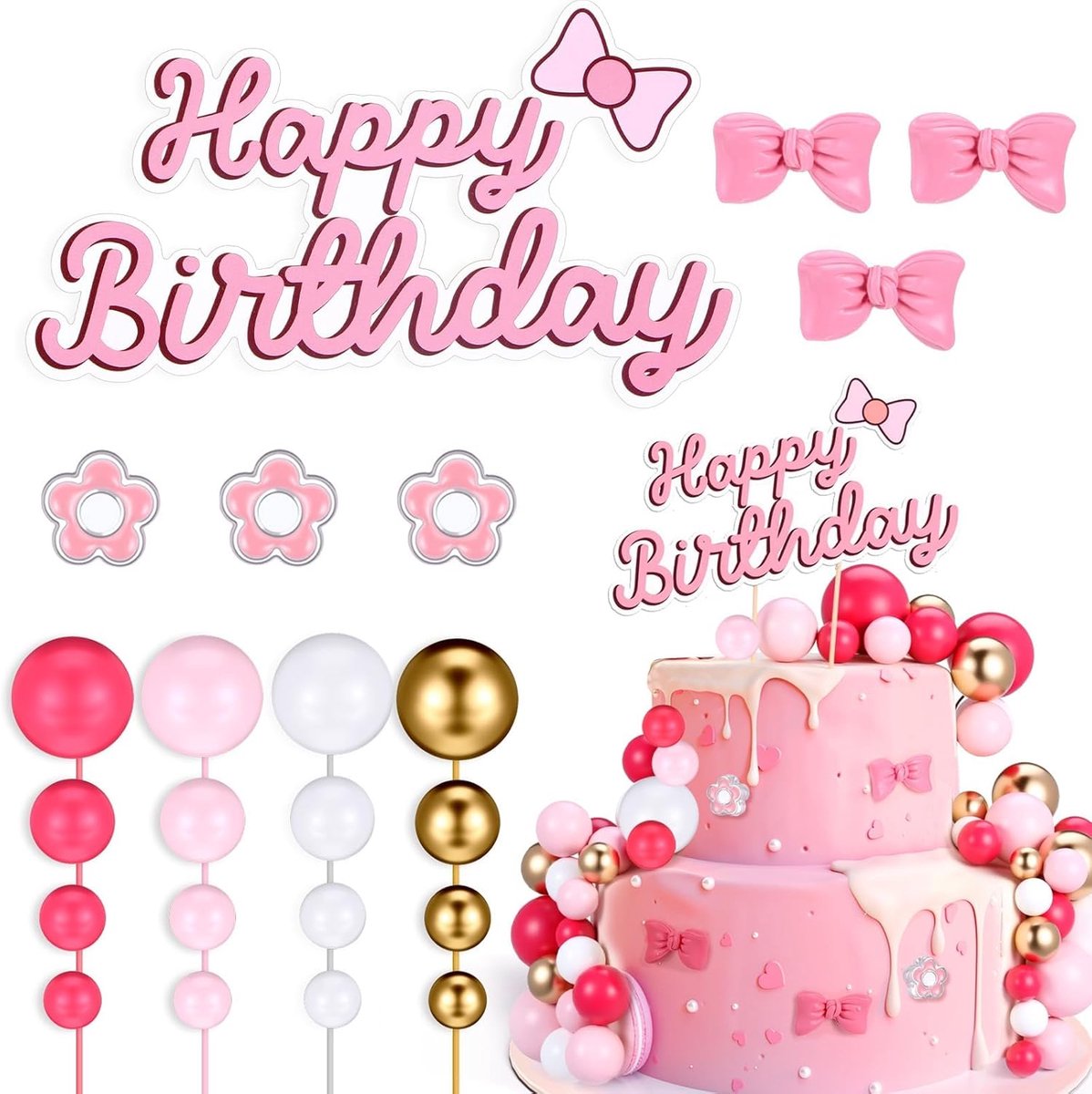 Topper met strik, 39 stuks taartdecoratie voor verjaardag, taartdecoratie voor meisjes, bal, taartdecoratie met strik en bloemen voor bruiloften, verjaardagen, babyshowers