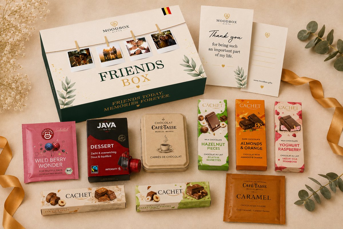 Luxe cadeaubox voor vrienden – Belgische chocolade, koffie, thee & lekkernijen – Gepersonaliseerde wenskaart – Moodbox Gifts – Friends Box Select