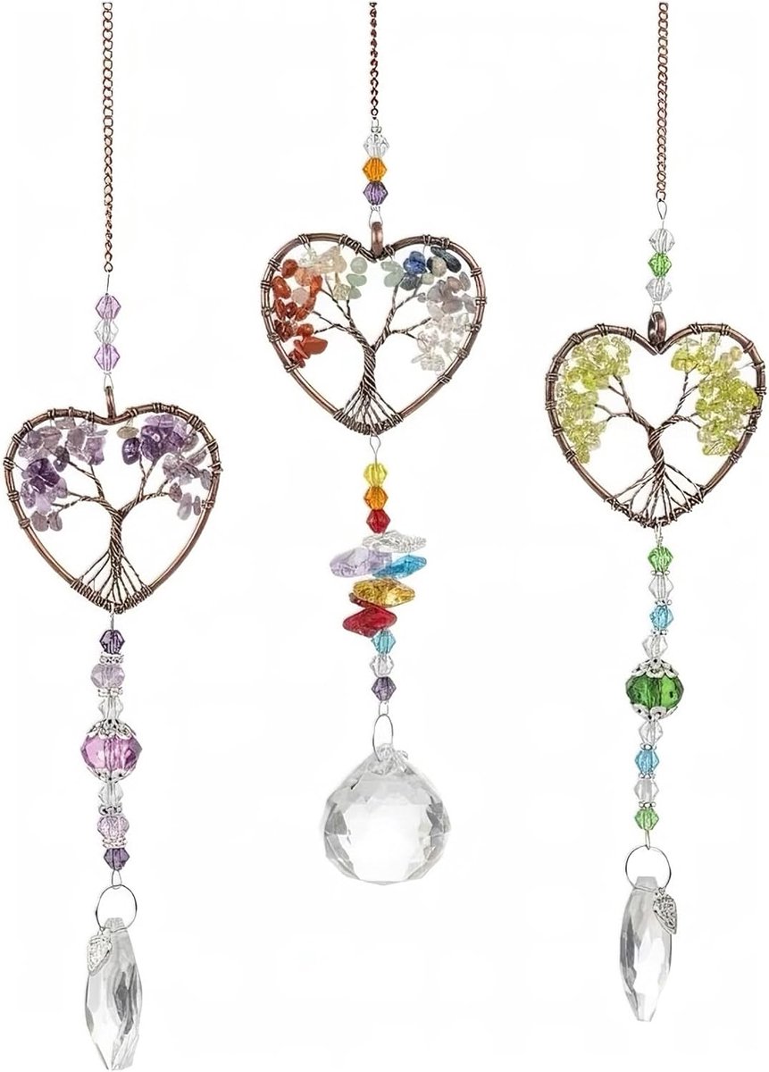 Levensboom kristal Suncatcher, 3 stuks zonnevangerset, boom van het leven, regenboogprisma, raamdecoratie, handgemaakte helende stenen, hangende decoratie voor huis, tuin, auto en geschenken