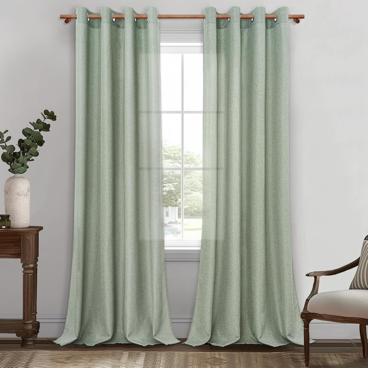 Gordijnen met oogjes, saliegroen, linnenlook, halftransparant, voor slaapkamer, set van 2, linnen, 245 cm lang, 140 cm breed, woonkamer, raam, gordijnen woonkamer