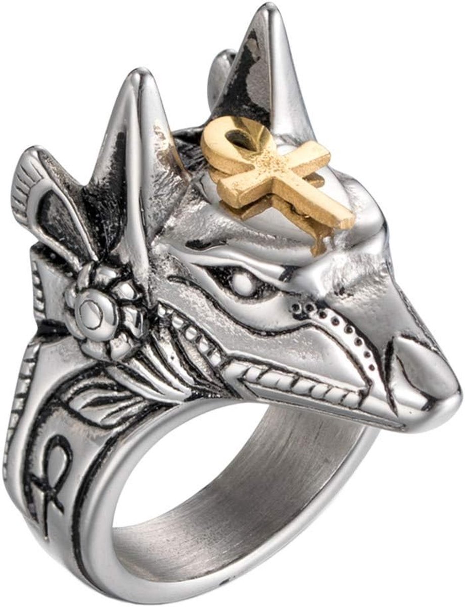 Ankh Kruis Anubis Wolf Hoofd Ring van roestvrij staal, Roestvrij staal