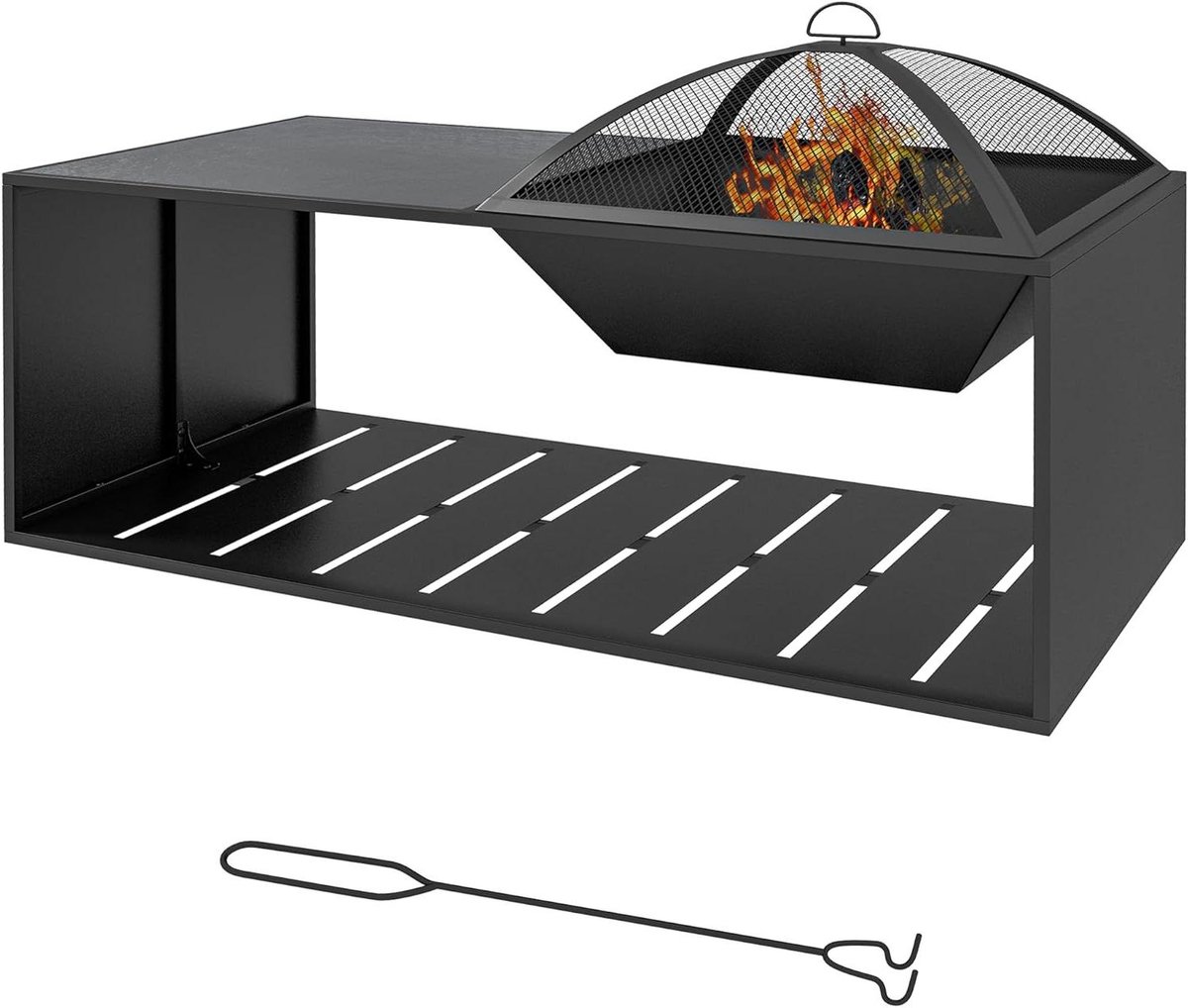 Vuurkorf met Pook - Buitenhaard Terras - Gezellige Avonden - Met Opbergplank - 101 x 51 x 56 cm - Zwart