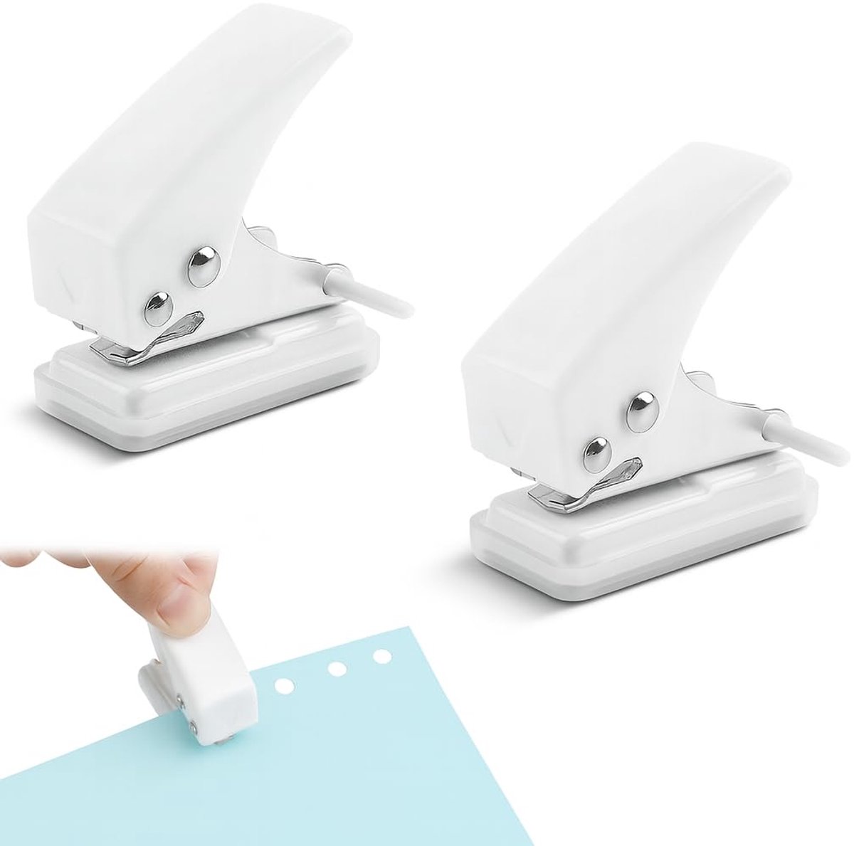 2 stuks draagbare mini-perforator voor kantoor, wit, school en doe-het-zelfprojecten, perforator voor mappen, motiefpons, cirkel, draagbaar voor één gat, kleine perforator voor schoon, mini-perforator