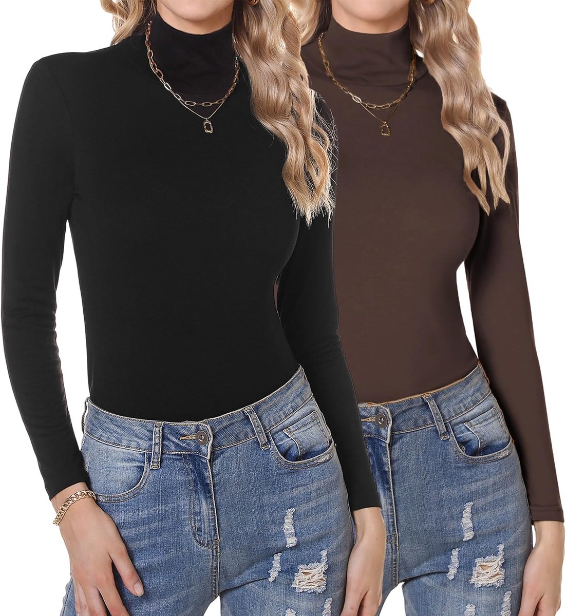 Shirt met lange mouwen voor dames, set van 1 of 2 stuks, rolkraagshirt, set, bovenstuk, col, elegant, slim fit, basic shirt met lange mouwen, thermo-ondershirt, stretch tops
