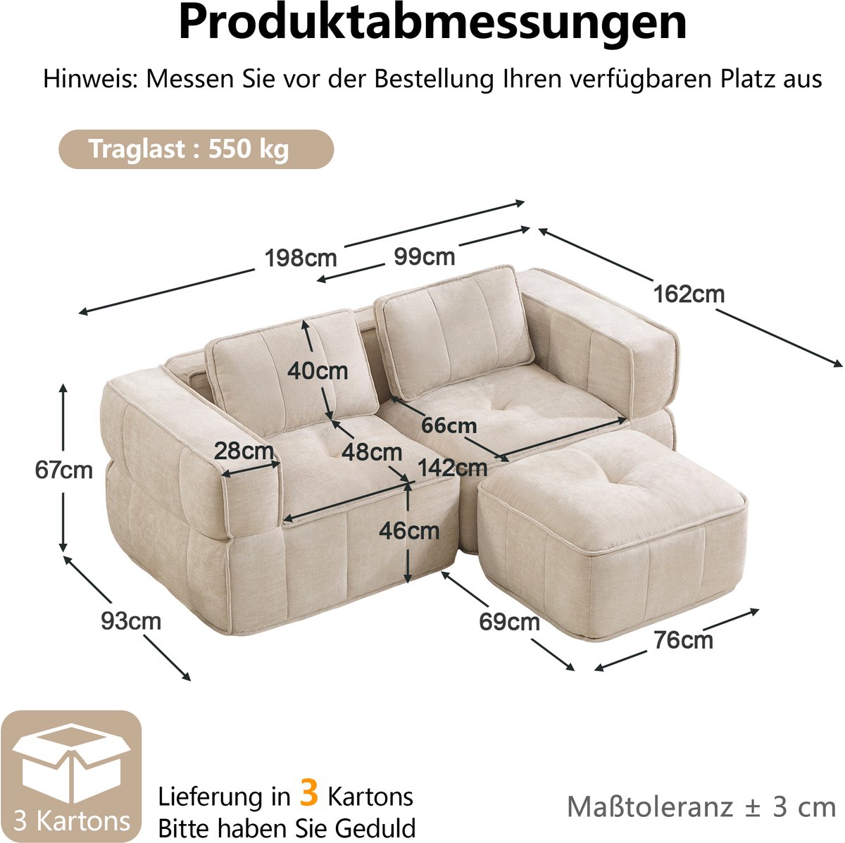 MIVRAY Hoekbank 198 x 162 x 67 cm - Modulaire L Vorm Met Hocker - Diepe Zit Voor Woonkamer En Appartement - Polyester - Beige