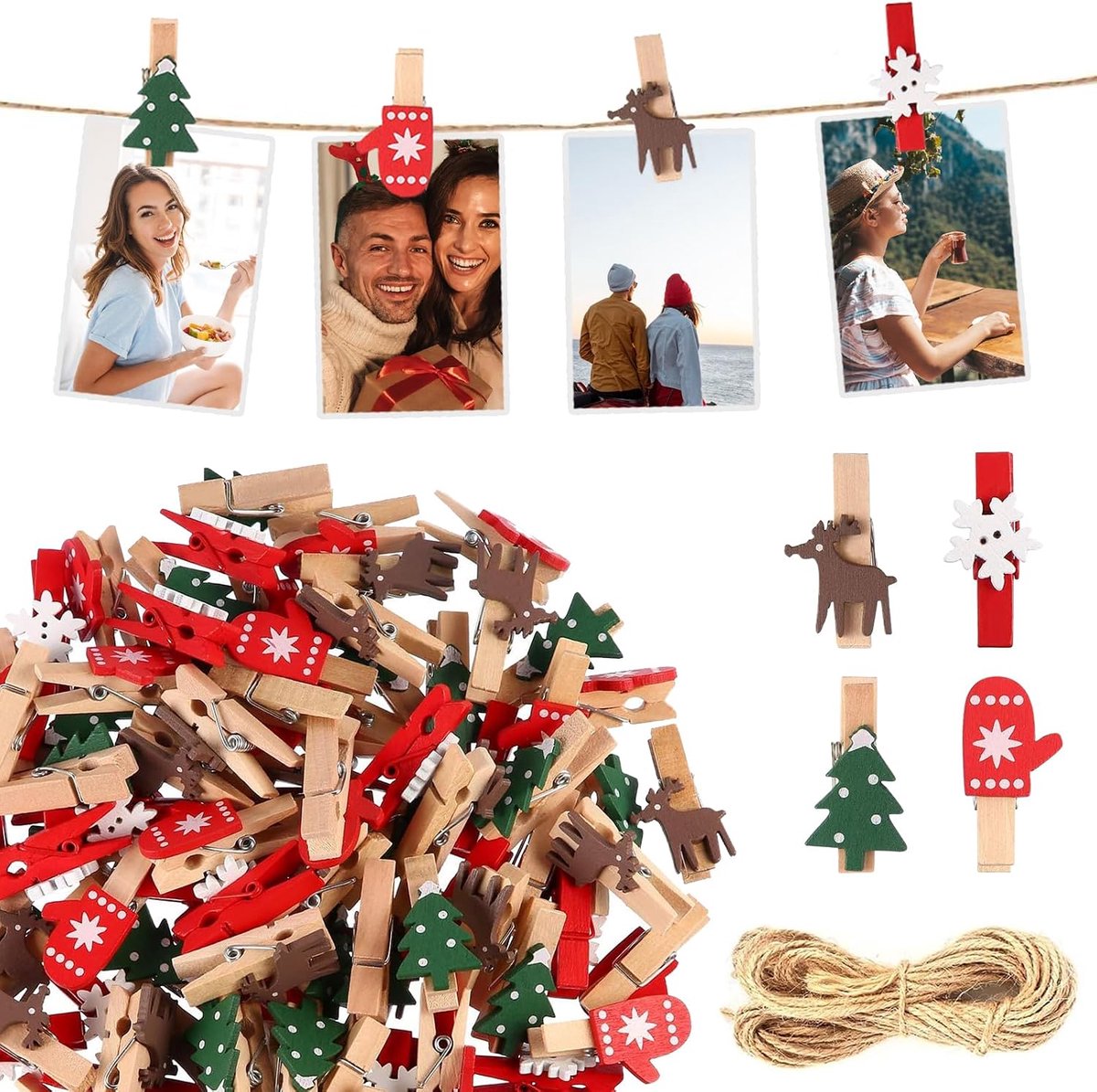 - Mini Houten Kerstclips Met 50 Stuks en Henneptouw Voor Doe-Het-Zelf-Fotoclips en Decoratie