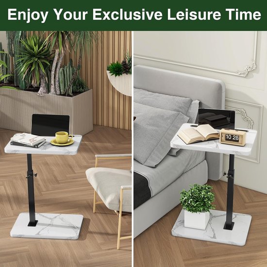 C-vormige bijzettafel, 360° draaibare in hoogte verstelbare eindtafel voor kleine ruimtes, met sleuf voor telefoon en tablet, moderne kleine koffietafel voor bank/bed, zwart en wit TVT003BW — afbeelding 4