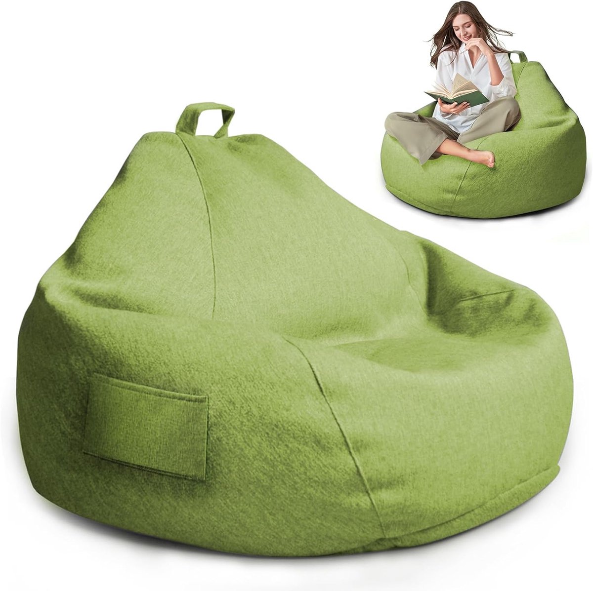 XL zitzak voor volwassenen, alleen hoes (geen vulling), 100 x 120 cm gaming zitzakhoes voor zitzakken met ritssluiting, voor buiten woonkamerdecoratie (matcha groen)
