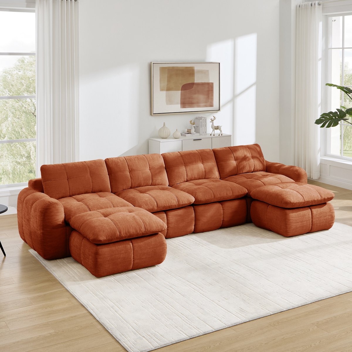 MIVRAY U-bank 334 Cm - 4-Zits Modulaire Chenille Sofa Met 2 Ottomanen Zonder Montage - Voor Woonkamer En Appartement - Oranje