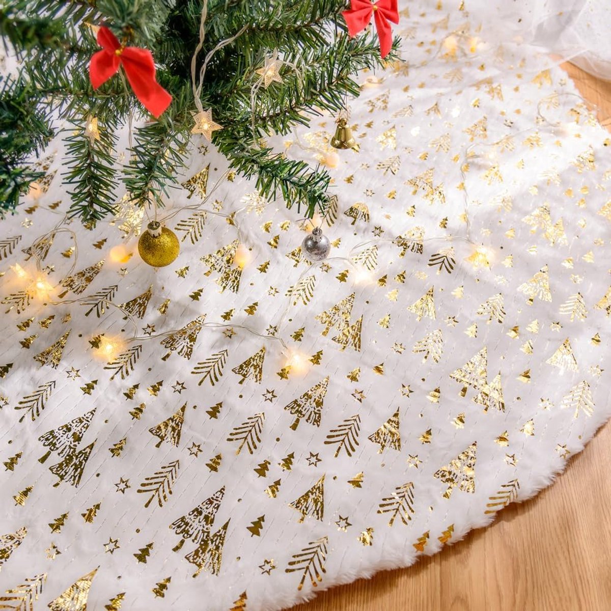 90 cm kerstboomrok, grote pluche patchwork gouden nepbont kerstboomrokken 36 inch boommat basishoes voor winter kerstvakantie binnendecoraties (goud, kerstboom)