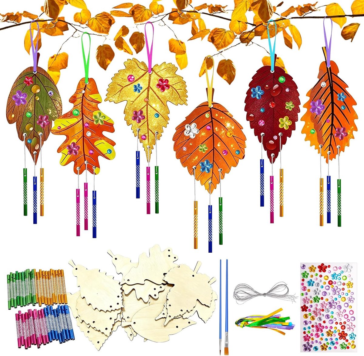 Klokkenset voor kinderen, 12-delig, knutselset voor de herfst, esdoornblad van hout om te beschilderen, herfstdecoratie, cadeau voor meisjes en jongens, Thanksgiving