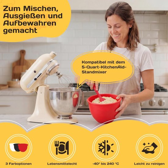 3 stuks siliconen inzetstukken met deksel voor KitchenAid keukenmachine Tilt-Head 5 kwart siliconen kom geschikt voor levensmiddelen -40 °C tot 240 °C, magnetron-, vaatwasser- en koelkastbestendig — afbeelding 5