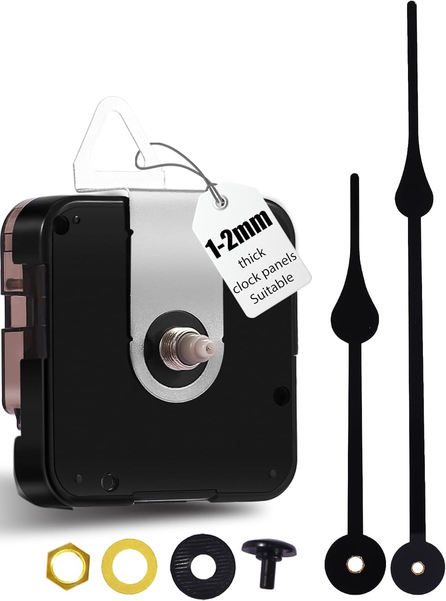 12888 Kwarts doe-het-zelf wandklok bewegingsset - stil veegmechanisme, reparatie vervangende onderdelen, pasvorm 1-2 mm wijzerplaatdikte voor wijzerplaat, 12,4 mm (31/64 inch) totale aslengte