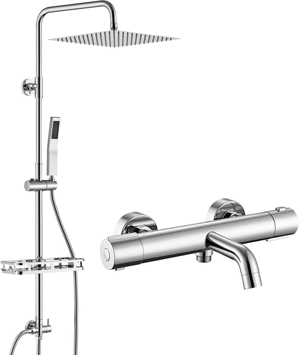 Auralum Max Regendouche met Thermostaatkraan - RVS Doucheset - 12 inch XL Douchekop - Met Thermostatische Badkraan en Plankje - Verstelbare Hoogte 72-110 cm - Regendoucheset - Waterbesparend - Chroom