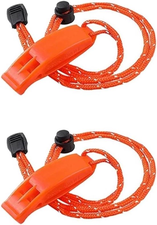 Twee oranje veiligheidsfluitjes met reflecterend koord, verstelbare knop en zwarte clip.
