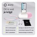 AYO bril met oplaadkabel, reisetui, handleiding en smartphone met app.
