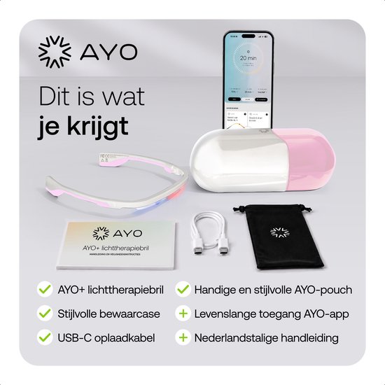 AYO bril met oplaadkabel, reisetui, handleiding en smartphone met app.