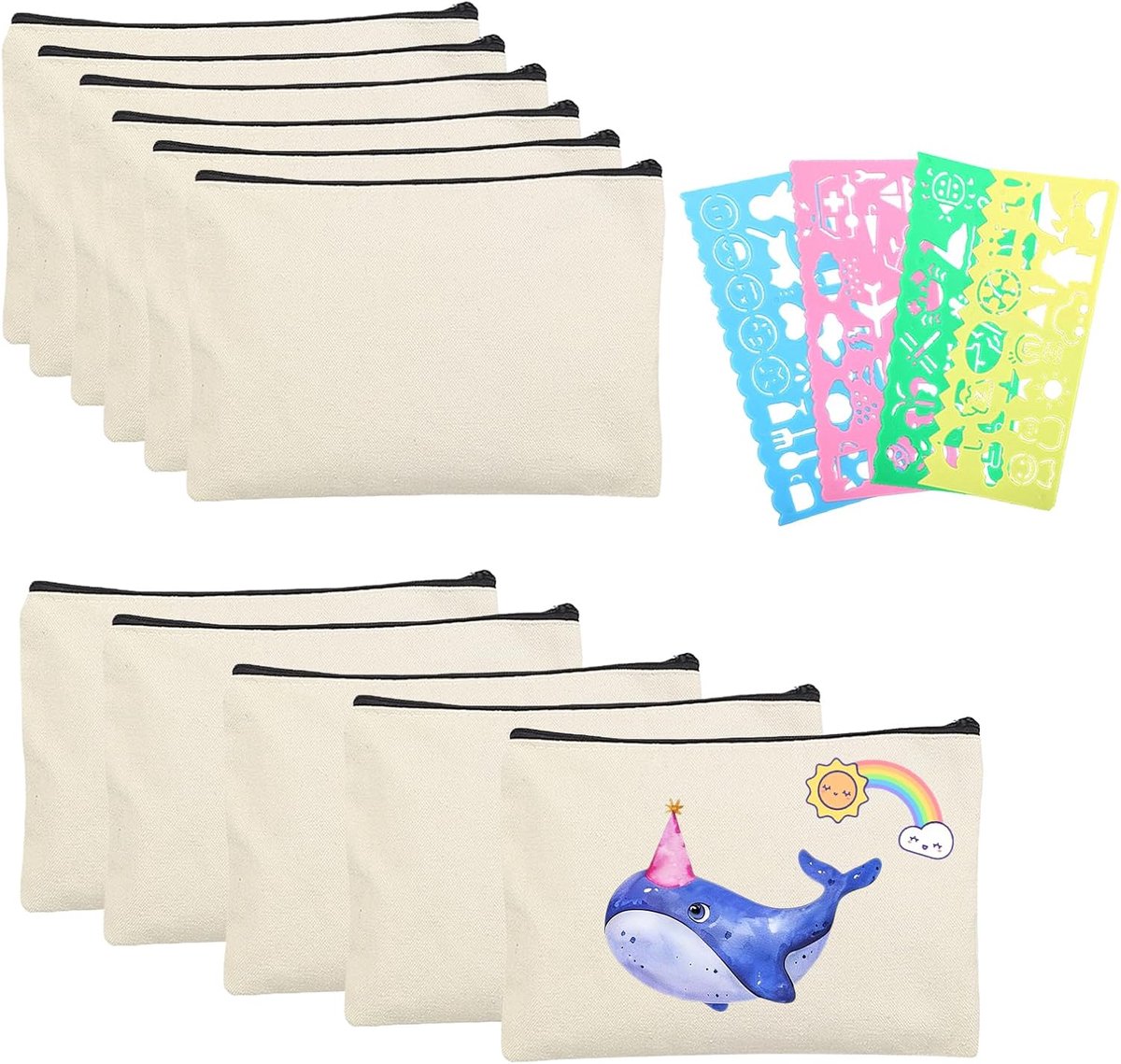 Pack of 10 Fabric Zip Bag Customizable with 4 Painting Stencils Zipper Bag for Travel Makeup Bags Paintings Pencil - ShopVlot