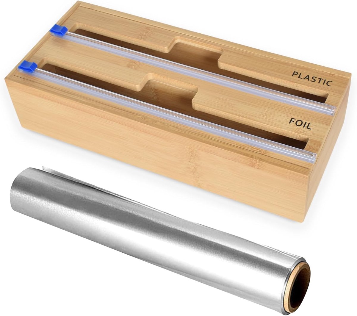 SnelShoppen - 2-in-1 Verpakkingsdispenser met Snijder, Plastic Folie, Aluminiumfolie en Bakpapier Dispenser voor Keukenlade, Folie Dispenser en Snijde