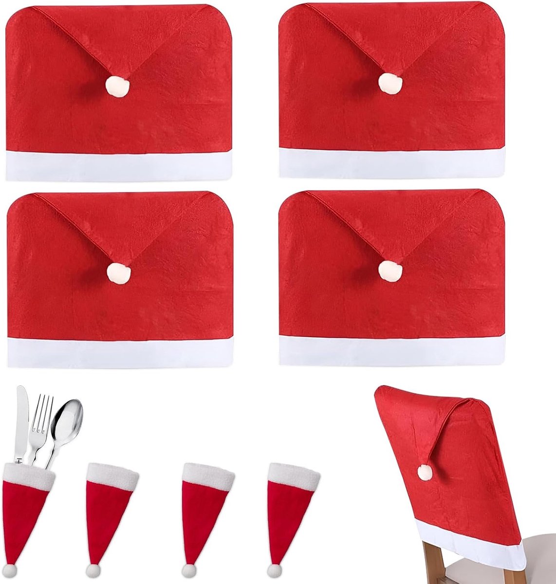 Christmas Chair Covers Set of 4 Non-Woven Fabric Christmas Chair Covers with 4 Christmas Hats Fork Knife Christmas Hat - ShopVlot
